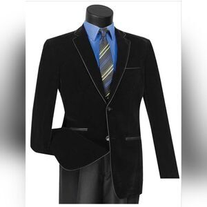 MEN'S VINCI SINGLE BREAST BLACK VELVET SLIMFIT SPT. COAT W/ FAUX LEATHER TRIM.